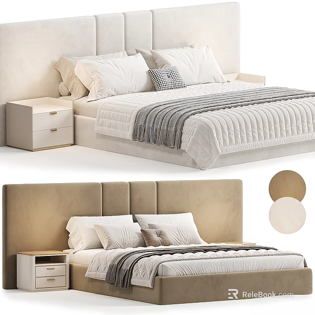 Modern Double Bed With Upholstered Headboard Wooden Nightstand Linen Pillows And Gray Quilt 3d model 