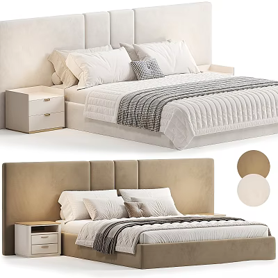 Modern Double Bed With Upholstered Headboard Wooden Nightstand Linen Pillows And Gray Quilt 3d model