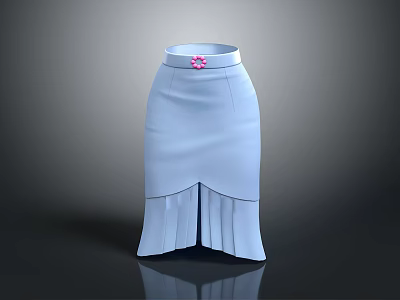 Light Blue Skirt With Pink Waist Flower Decoration And Pleated Front Split Hem 3d model