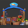 Colorful Wooden Market Stall with Blue Fish Decoration Fruit Candy Crates Watermelon and Baskets