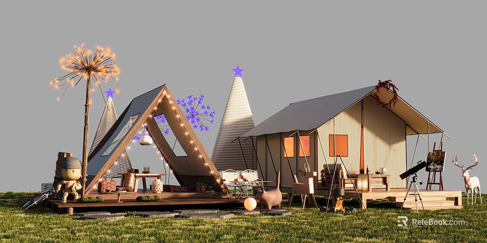 Scenic Wooden Cabin Outdoor Space With Deck String Lights Grass And Decorative Stars 3d model 