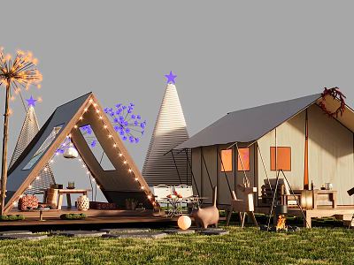 Scenic Wooden Cabin Outdoor Space With Deck String Lights Grass And Decorative Stars 3d model