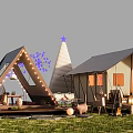 Scenic Wooden Cabin Outdoor Space With Deck String Lights Grass And Decorative Stars