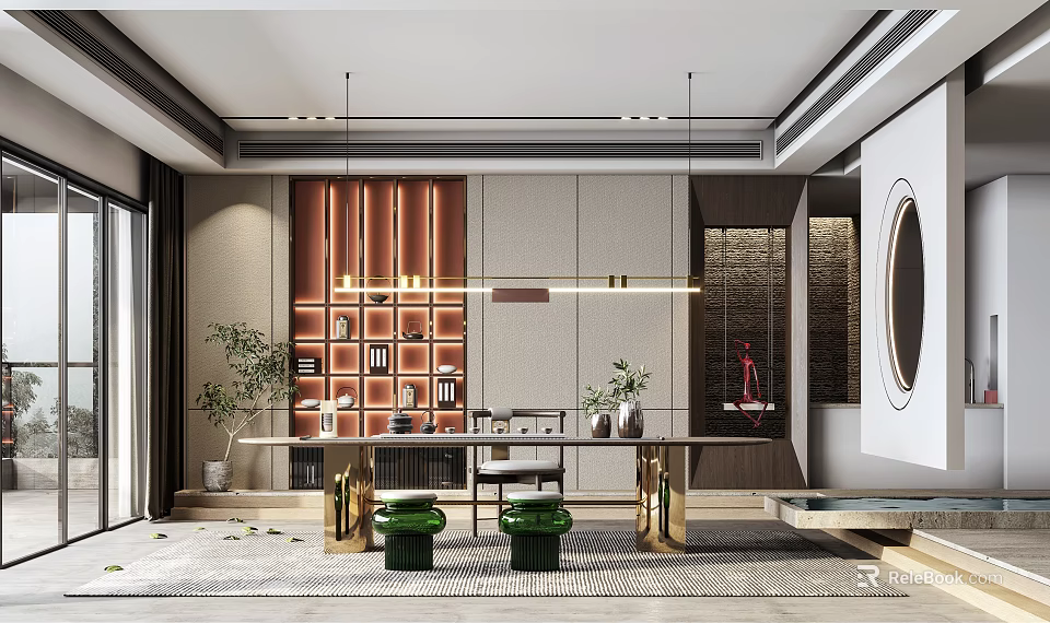 Modern Tea Room Interior Design With Wooden Shelves Tea Sets Green Plants And Tables 3d model 