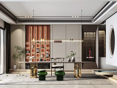 Modern Tea Room Interior Design With Wooden Shelves Tea Sets Green Plants And Tables 3d model