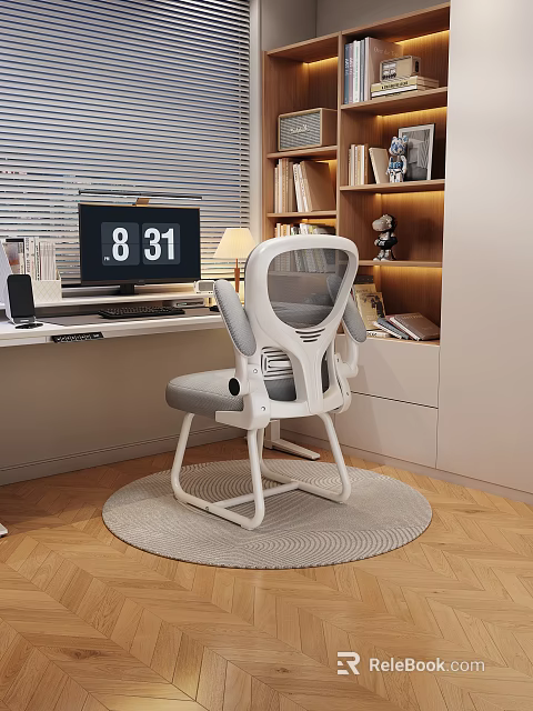 Modern Study Room Interior With Desk Computer Office Chair Bookshelf And Table Lamp 3d model 