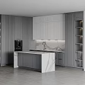 Modern Kitchen Interior Featuring Dark And Light Cabinets Marble Countertop Island With Under Cabinet Lighting