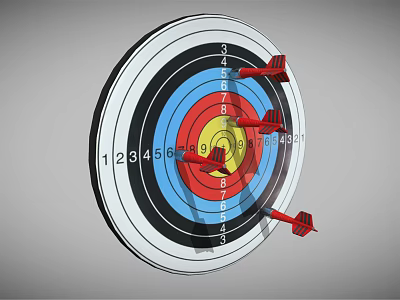 Archery Target Sports Equipment with Arrows Hitting Center and Numbered Rings 3d model