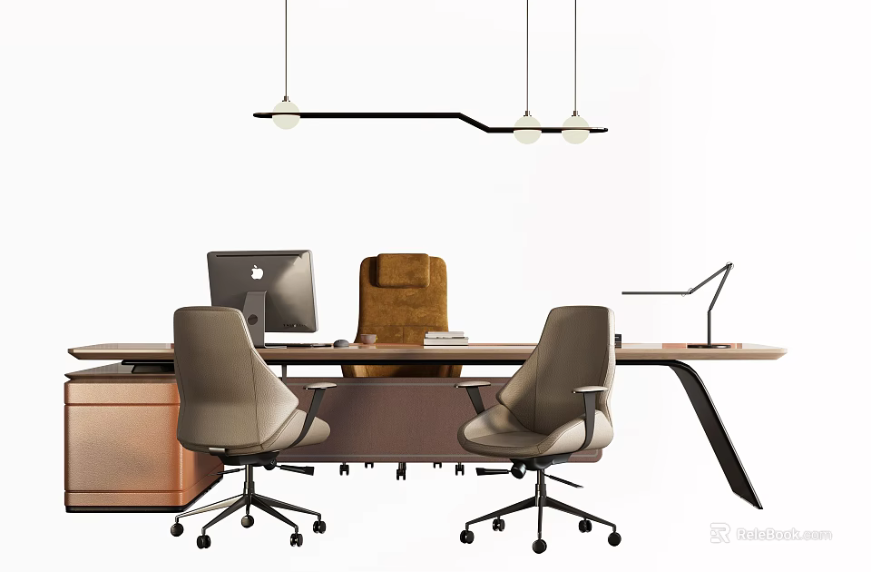Modern Office Desk Setup With Computer Monitor Ergonomic Chairs Desk Lamp And Hanging Lights 3d model 