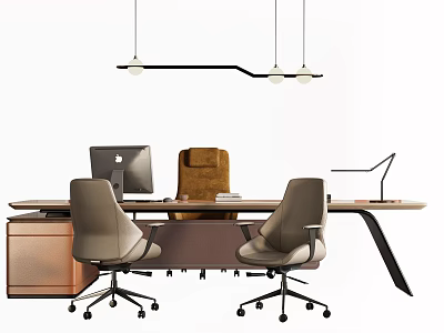 Modern Office Desk Setup With Computer Monitor Ergonomic Chairs Desk Lamp And Hanging Lights 3d model