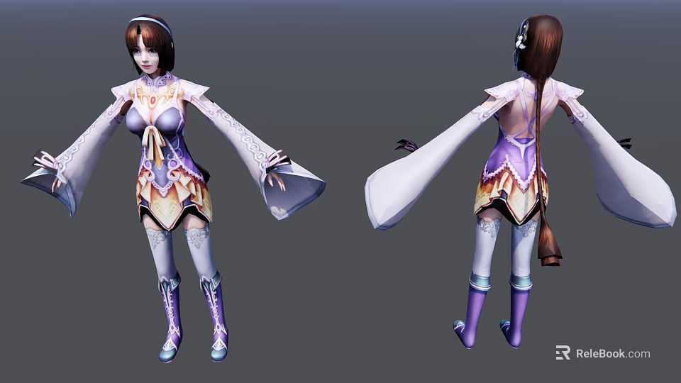 Elegant Game Movie Character in Purple White Traditional Outfit with Long Hair and Ornate Boots 3d model 