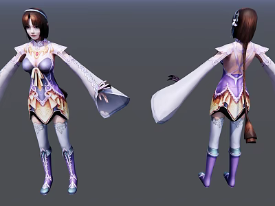 Elegant Game Movie Character in Purple White Traditional Outfit with Long Hair and Ornate Boots 3d model