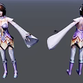 Elegant Game Movie Character in Purple White Traditional Outfit with Long Hair and Ornate Boots