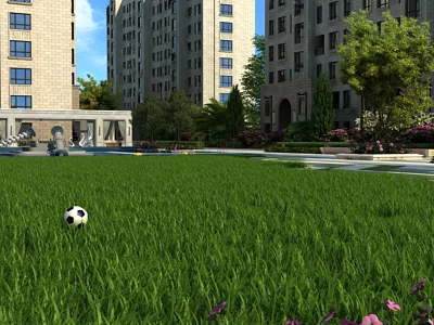 Modern Residential Garden Landscape with Green Lawn Trees and Flower Bushes Near High Rise Buildings 3d model