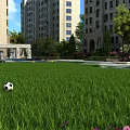 Modern Residential Garden Landscape with Green Lawn Trees and Flower Bushes Near High Rise Buildings