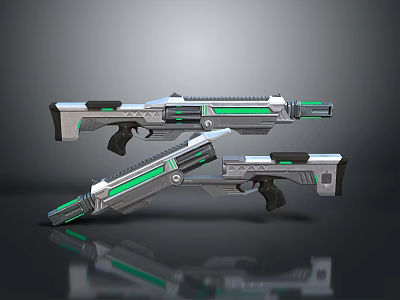 Futuristic Sci Fi Weapons With Silver And Green Accents Advanced Grip And Barrel Design 3d model