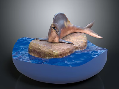 Realistic Sea Lion Sculpture On Rock Base With Blue Water Wave Details 3d model