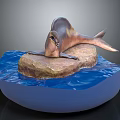 Realistic Sea Lion Sculpture On Rock Base With Blue Water Wave Details
