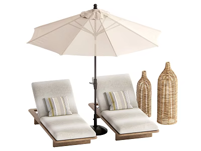 Comfortable Lounge Chairs With Wooden Frames Striped Cushions White Umbrella And Woven Vases 3d model