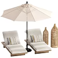 Comfortable Lounge Chairs With Wooden Frames Striped Cushions White Umbrella And Woven Vases