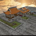 Traditional Chinese Classic Building With Overhanging Eaves Red Tiled Roof And Sunset Sky