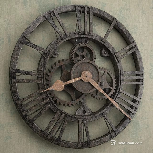 Vintage Clock with Roman Numerals and Gear Mechanism on Light Green Wallpaper Industrial Design 3d model 