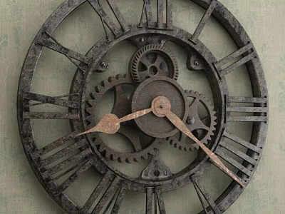 Vintage Clock with Roman Numerals and Gear Mechanism on Light Green Wallpaper Industrial Design 3d model