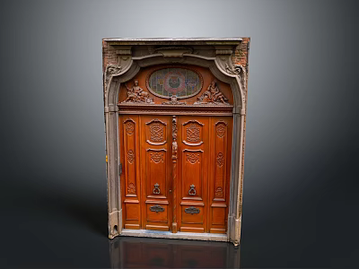 Ancient Wooden Door Featuring Intricate Carvings and Arched Top Against Dark Background 3d model