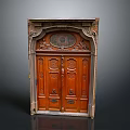 Ancient Wooden Door Featuring Intricate Carvings and Arched Top Against Dark Background
