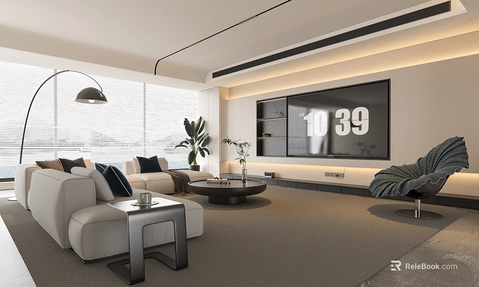 Modern Living Room Interior With Large Window Light Sofa Coffee Table And TV Wall 3d model 