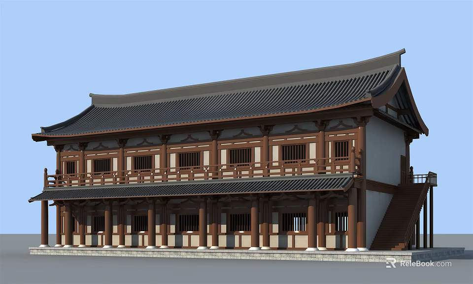 Traditional Chinese Ancient Architecture With Eave Roof Wooden Structure And Carved Windows 3d model 