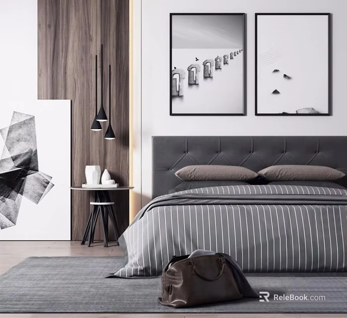 Modern Bedroom With Double Bed Gray Headboard Striped Bedspread And Black White Paintings 3d model 