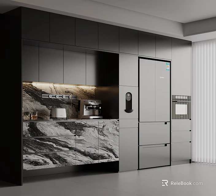Modern Kitchen Sideboard With Dark Cabinets Marble Countertop And Appliances 3d model 