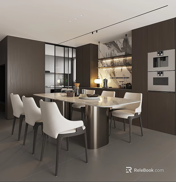 Modern Restaurant Interior With White Chairs Marble Dining Table And Dark Cabinets 3d model 
