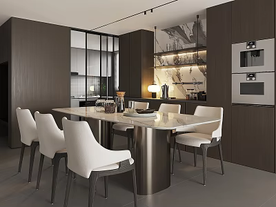 Modern Restaurant Interior With White Chairs Marble Dining Table And Dark Cabinets 3d model