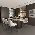 Modern Restaurant Interior With White Chairs Marble Dining Table And Dark Cabinets