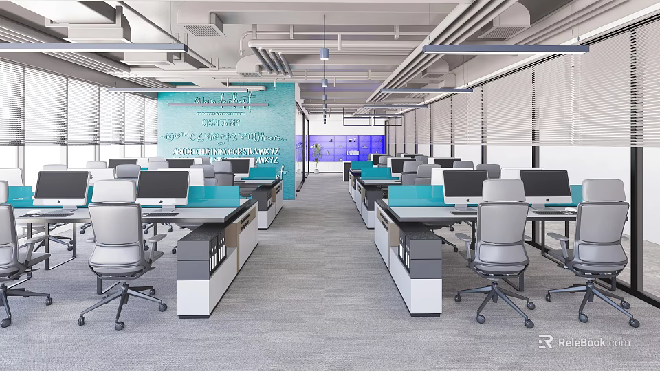 Modern Public Office Interior Design With Spacious Workstations Desks Computers And Chairs 3d model 