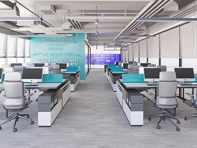 Modern Public Office Interior Design With Spacious Workstations Desks Computers And Chairs 3d model