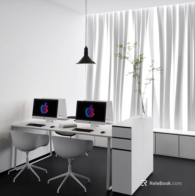 Modern Office Desk With Two Apple Monitors White Chairs Pendant Light And Green Plant 3d model 