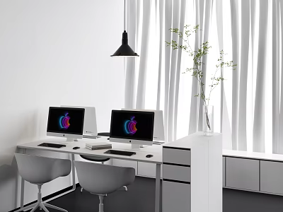 Modern Office Desk With Two Apple Monitors White Chairs Pendant Light And Green Plant 3d model