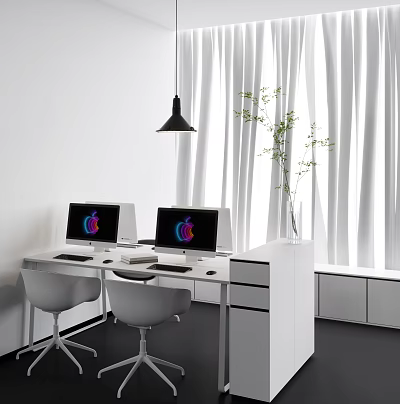 Modern Office Desk With Two Apple Monitors White Chairs Pendant Light And Green Plant 3d model