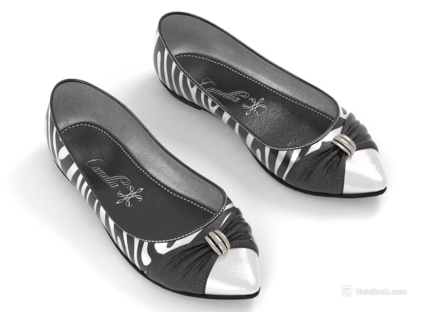 Zebra Print Flat Shoes with Silver Toe Black Lining and Stylish Design Details 3d model 