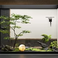 Modern Indoor Landscape With Green Tree Glowing Sphere Stones Ferns And Moss