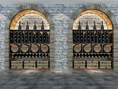 Elegant Arched Wine Cabinets With Stone Wall Background And Wine Bottles Barrels Crates 3d model