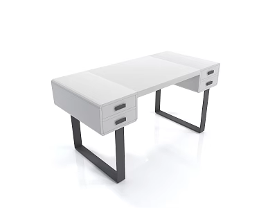 Modern White Desk With Two Drawers And Black Metal Legs 3d model
