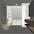Modern Bathroom Interior Design With Wavy Textured Walls Freestanding Bathtub Wooden Vanity And Window Blinds