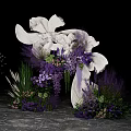 Elegant White Sculpture Decorated With Purple Flowers And Green Plants