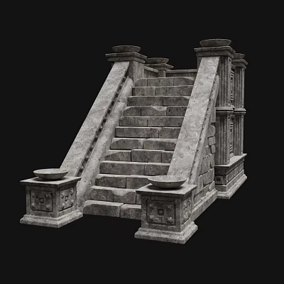 Ancient Architecture Stone Stairs With Decorative Side Pedestals And Carved Details 3d model