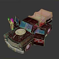 Vintage Rusty Car With Open Doors Beige Canopy Blue Circular Front And Plaid Shirt Figure