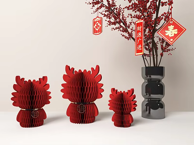 Decorative Red Honeycomb Ornament Set With Black Vase Red Branches Lucky Fu And Chun Charms 3d model